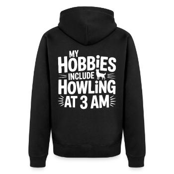 Zu meinen Hobbys gehört das Heulen von Huskys - Unisex Premium Bio Zip Hoodie - Schwarz - Hinten - Nico (187cm)