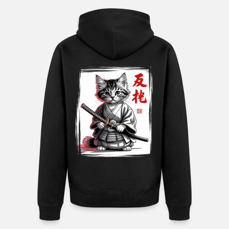 Chat samouraï drôle, art japonais - Veste à capuche bio Premium Unisexe - noir