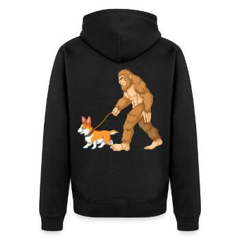 Bigfoot Walking a Corgi – Funny Cryptid Dog Design - Unisex Premium Organic Zip Hoodie - black - Back - Nico (187cm)