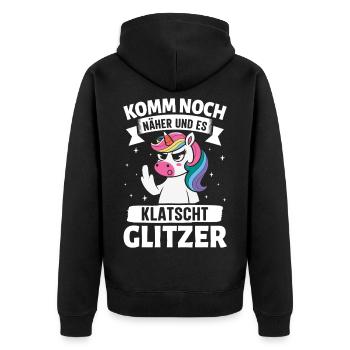 Malle KOMM NOCH NÄHER UND ES KLATSCHT - Unisex Premium Bio Zip Hoodie - Schwarz - Hinten - Nico (187cm)