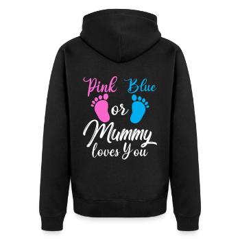 Tshirt rose ou bleu de révélation de sexe momie enceinte - Veste à capuche bio Premium Unisexe - noir - Dos - Nico (187cm)
