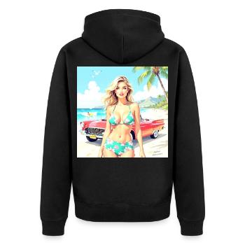 Frau am Strand mit Oldtimer - Unisex Premium Bio Zip Hoodie - Schwarz - Hinten - Nico (187cm)