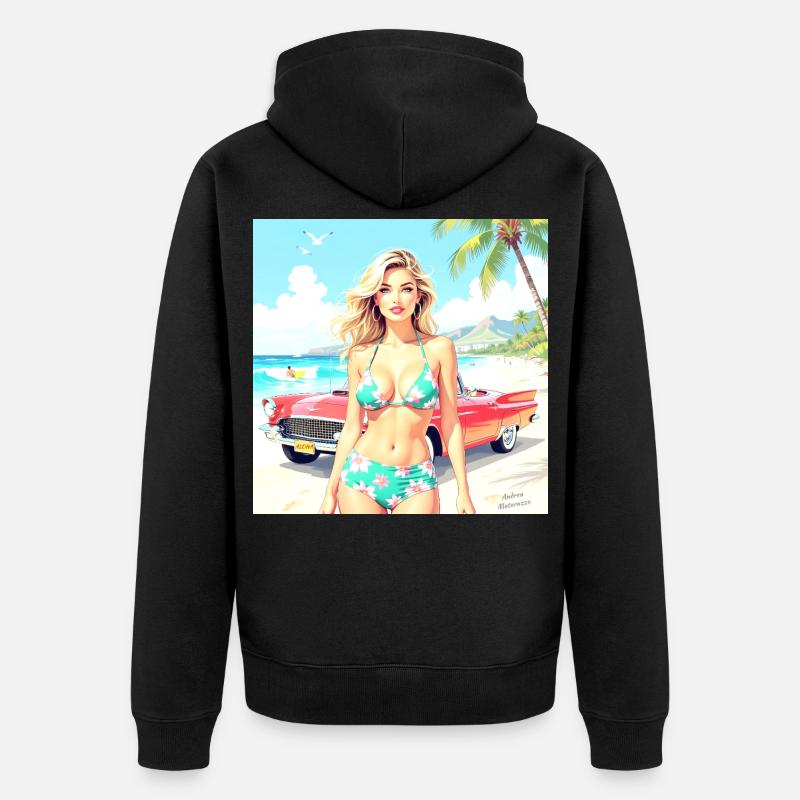 Frau am Strand mit Oldtimer - Unisex Premium Bio Zip Hoodie - Schwarz