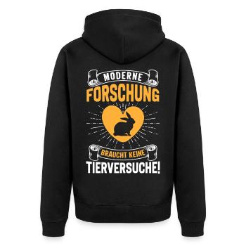 Tierschutz MODERNE FORSCHUNG BRAUCHT KEINE - Unisex Premium Bio Zip Hoodie - Schwarz - Hinten - Nico (187cm)