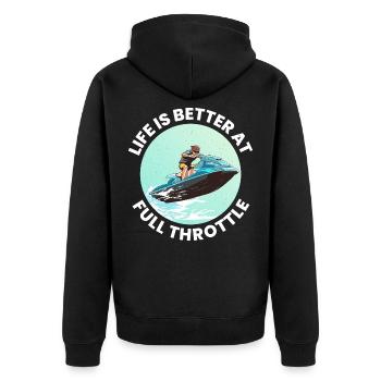 Das Leben ist besser auf dem Vollgas-Jetski - Unisex Premium Bio Zip Hoodie - Schwarz - Hinten - Nico (187cm)