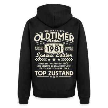 Oldtimer_1981_Jahrgang_Vintage_Retro_Geburtstag - Unisex Premium Bio Zip Hoodie - Schwarz - Hinten - Nico (187cm)