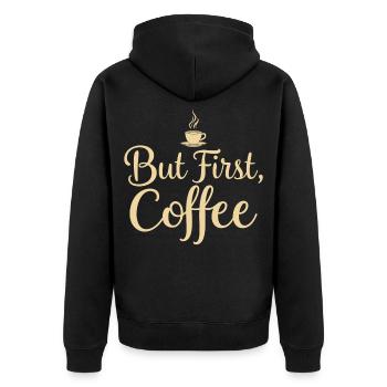 But First Coffee Spruch Zitat - Unisex Premium Bio Zip Hoodie - Schwarz - Hinten - Nico (187cm)