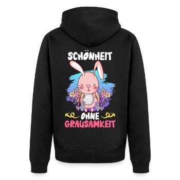 Tierwohl SCHÖNHEIT OHNE GRAUSAMKEIT LUSTIG - Unisex Premium Bio Zip Hoodie - Schwarz - Hinten - Nico (187cm)
