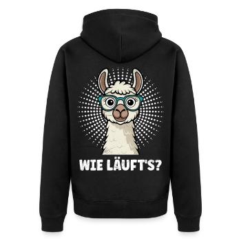 Alpaka WIE LÄUFT'S? Lama Lustiges - Unisex Premium Bio Zip Hoodie - Schwarz - Hinten - Nico (187cm)