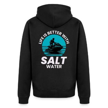 Das Leben ist besser mit Salzwasser - Unisex Premium Bio Zip Hoodie - Schwarz - Hinten - Nico (187cm)