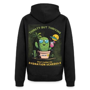 Sommerkaktus – Durstig, aber voller Leben - Unisex Premium Bio Zip Hoodie - Schwarz - Hinten - Nico (187cm)