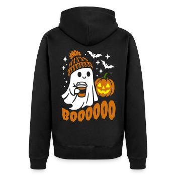 Ghost with coffee, Halloween costume - pumpkin - Unisex Premium Organic Zip Hoodie - black - Back - Nico (187cm)
