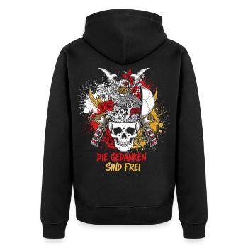 Samurai Schädel Blumenkunst - Gedanken sind Frei - Unisex Premium Bio Zip Hoodie - Schwarz - Hinten - Nico (187cm)