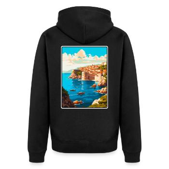 Dubrovnik Kroatien Vintage-Reiseplakat Stadtbild - Unisex Premium Bio Zip Hoodie - Schwarz - Hinten - Nico (187cm)