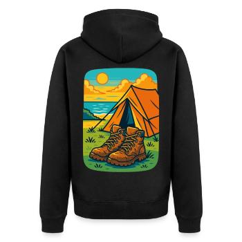 Camping Abenteuer Stiefel Zelt Strand - Unisex Premium Bio Zip Hoodie - Schwarz - Hinten - Nico (187cm)