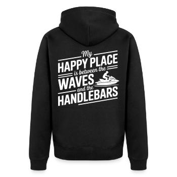 Zwischen Wellen & Lenker Jetski Zitat - Unisex Premium Bio Zip Hoodie - Schwarz - Hinten - Nico (187cm)