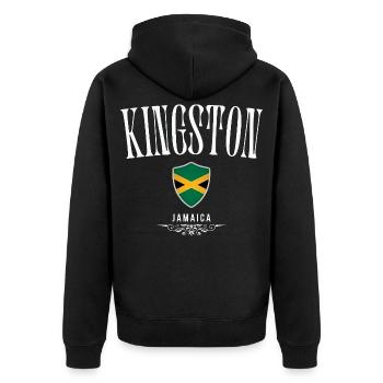 Kingston Jamaica, minimalist sleek design - Unisex Premium Organic Zip Hoodie - black - Back - Nico (187cm)