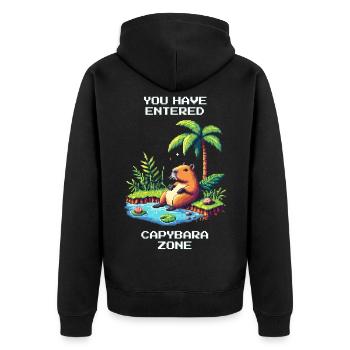 Enter the Capybara Zone | Capybara &amp; Chill - Unisex Premium Organic Zip Hoodie - black - Back - Nico (187cm)