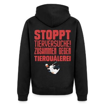 Tierschutz STOPPT TIERVERSUCHE ZUSAMMEN GEGEN - Unisex Premium Bio Zip Hoodie - Schwarz - Hinten - Nico (187cm)