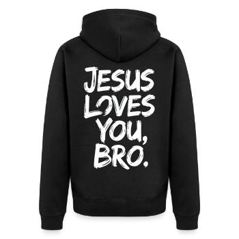 Jesus Loves You, Bro - Inspirational Message - Unisex Premium Organic Zip Hoodie - black - Back - Nico (187cm)