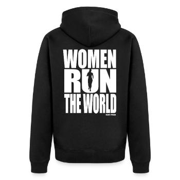 WOMEN RUN THE WORLD - Design für Läuferinnen - Unisex Premium Bio Zip Hoodie - Schwarz - Hinten - Nico (187cm)