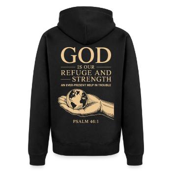 Gott ist unsere Zuflucht und Stärke – Psalm 46:1 - Unisex Premium Bio Zip Hoodie - Schwarz - Hinten - Nico (187cm)
