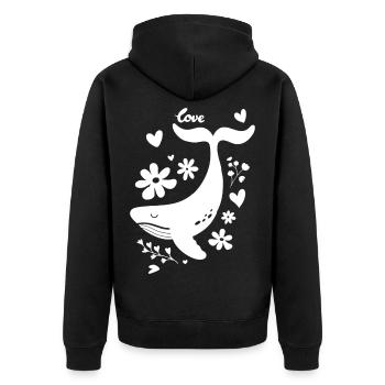 Verspielter Wal mit Blumen und Herzmotiven - Unisex Premium Bio Zip Hoodie - Schwarz - Hinten - Nico (187cm)