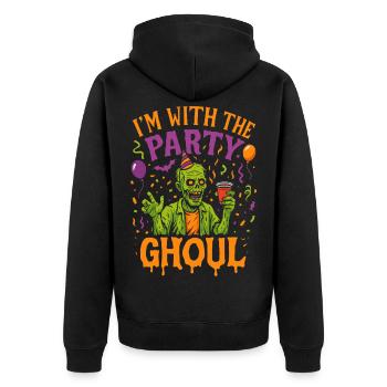 Ich bin mit dem Party-Ghoul, Halloween-Gruppenoutfit - Unisex Premium Bio Zip Hoodie - Schwarz - Hinten - Nico (187cm)