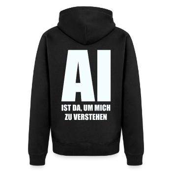 AI is here to understand me - in white - Unisex Premium Organic Zip Hoodie - black - Back - Nico (187cm)