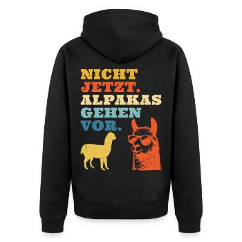 Alpaka Fan NICHT JETZT ALPAKAS GEHEN VOR Lustig - Unisex Premium Bio Zip Hoodie - Schwarz - Hinten - Nico (187cm)