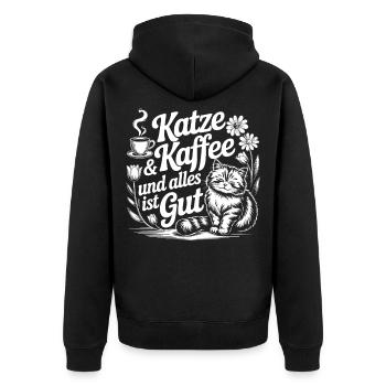 Katz und Kaffee Motiv für Katzenliebhaber - Unisex Premium Bio Zip Hoodie - Schwarz - Hinten - Nico (187cm)