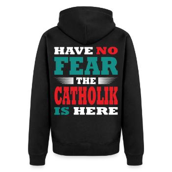 Have no Fear the Katholik is here Outfit - Unisex Premium Bio Zip Hoodie - Schwarz - Hinten - Nico (187cm)