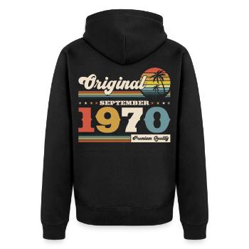 55e anniversaire Original septembre 1970 - Veste à capuche bio Premium Unisexe - noir - Dos - Nico (187cm)