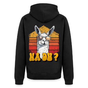 Alpaka Fan NA DU? Retro Lama Lustiges - Unisex Premium Bio Zip Hoodie - Schwarz - Hinten - Nico (187cm)
