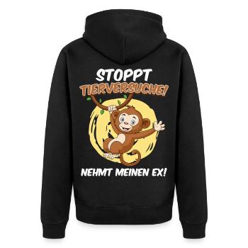 Tierschutz STOPPT TIERVERSUCHE NEHMT MEINEN EX - Unisex Premium Bio Zip Hoodie - Schwarz - Hinten - Nico (187cm)