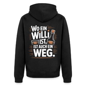 Wo ein Willi ist, ist auch ein Weg – Spruch - Unisex Premium Bio Zip Hoodie - Schwarz - Hinten - Nico (187cm)