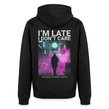 In the Late I Dont Care watch streetwear style - Unisex Premium Organic Zip Hoodie - black - Back - Nico (187cm)