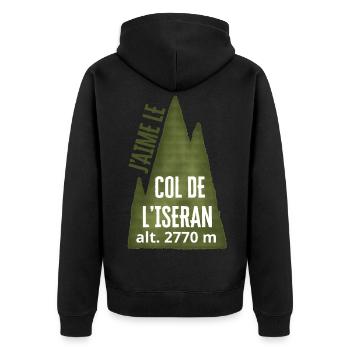 COL DE L’ISERAN ALT 2770 meters - Unisex Premium Organic Zip Hoodie - black - Back - Nico (187cm)