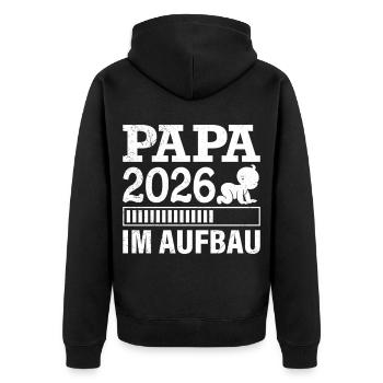 Werdender Vater PAPA IM AUFBAU 2026 Lustig - Unisex Premium Bio Zip Hoodie - Schwarz - Hinten - Nico (187cm)