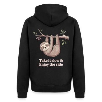 Take it slow &amp; enjoy the journey sloth - Unisex Premium Organic Zip Hoodie - black - Back - Nico (187cm)
