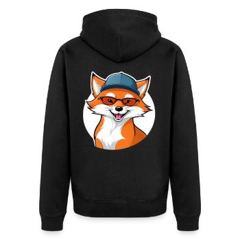 witziger Fuchs mit Brille und Cap - Unisex Premium Bio Zip Hoodie - Schwarz - Hinten - Nico (187cm)
