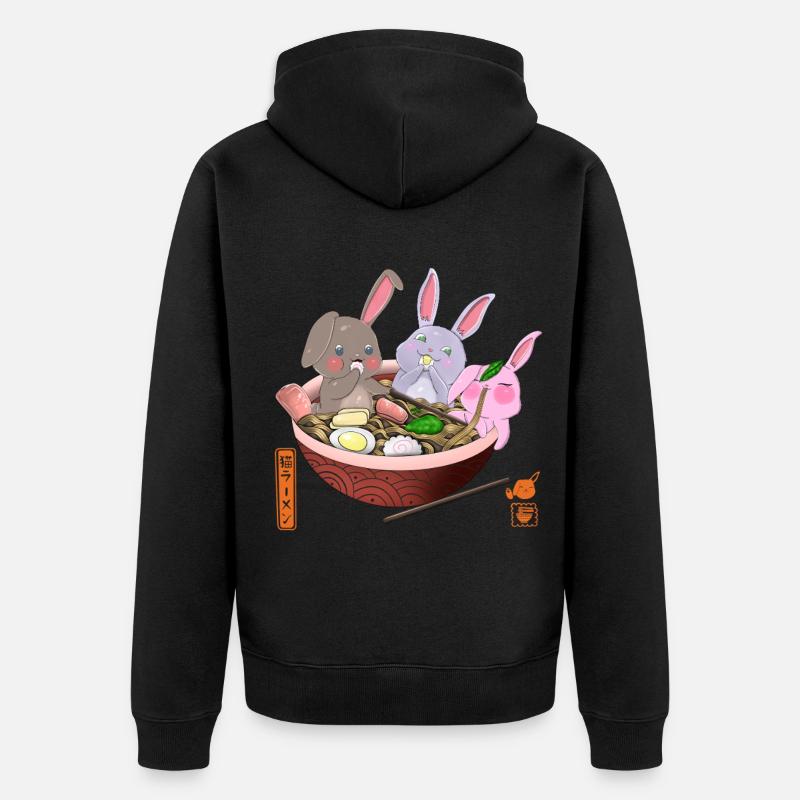 Lapins Kawaii mangeant des ramen - Veste à capuche bio Premium Unisexe - noir