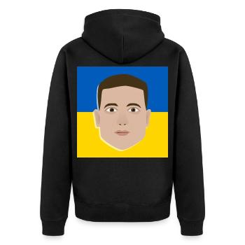 Wolodymyr Selenskyj auf ukrainischer Flagge - Unisex Premium Bio Zip Hoodie - Schwarz - Hinten - Nico (187cm)