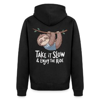  Entspanntes Faultier: Nimm's Langsam & Genieße - Unisex Premium Bio Zip Hoodie - Schwarz - Hinten - Nico (187cm)