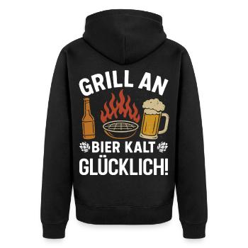 Bierfan GRILL AN BIER KALT GLÜCKLICH Lustiges - Unisex Premium Bio Zip Hoodie - Schwarz - Hinten - Nico (187cm)