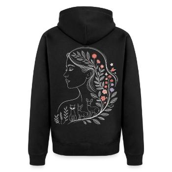 Florale Frauenporträt mit Wildtieren - Unisex Premium Bio Zip Hoodie - Schwarz - Hinten - Nico (187cm)