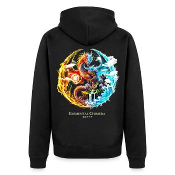 Elemental Chimera – Fire & Water Dragon  - Unisex Premium Bio Zip Hoodie - Schwarz - Hinten - Nico (187cm)
