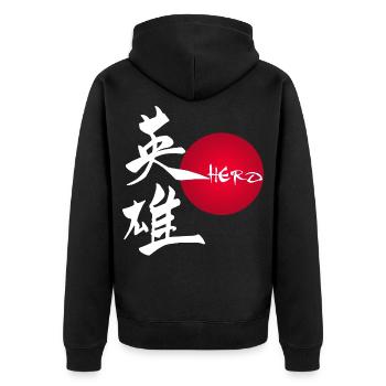 The word hero in Japanese (white) - Unisex Premium Organic Zip Hoodie - black - Back - Nico (187cm)