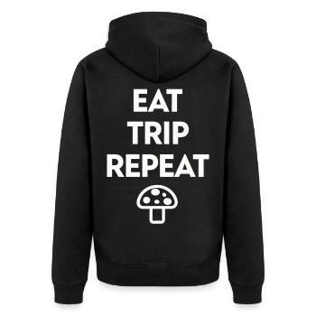 Eat Trip Repeat - Lustiger Pilz Spruch - Unisex Premium Bio Zip Hoodie - Schwarz - Hinten - Nico (187cm)