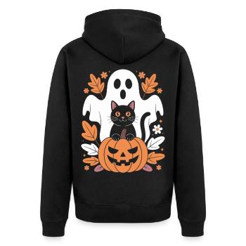 Geist Kürbis Katze Niedliches Halloween Herbst - Unisex Premium Bio Zip Hoodie - Schwarz - Hinten - Nico (187cm)